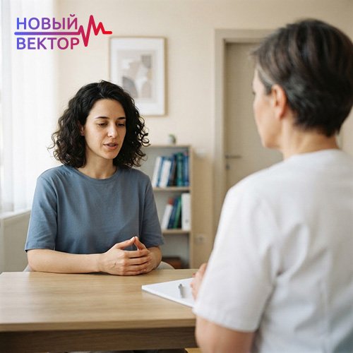 Врач-нарколог беседует с женщиной в медицинском кабинете, обсуждая показания к принудительному лечению наркомании и порядок оказания помощи при зависимости